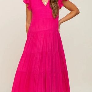 "Fuchsia V-neck summer dress in excellent condition and high-quality fabric."